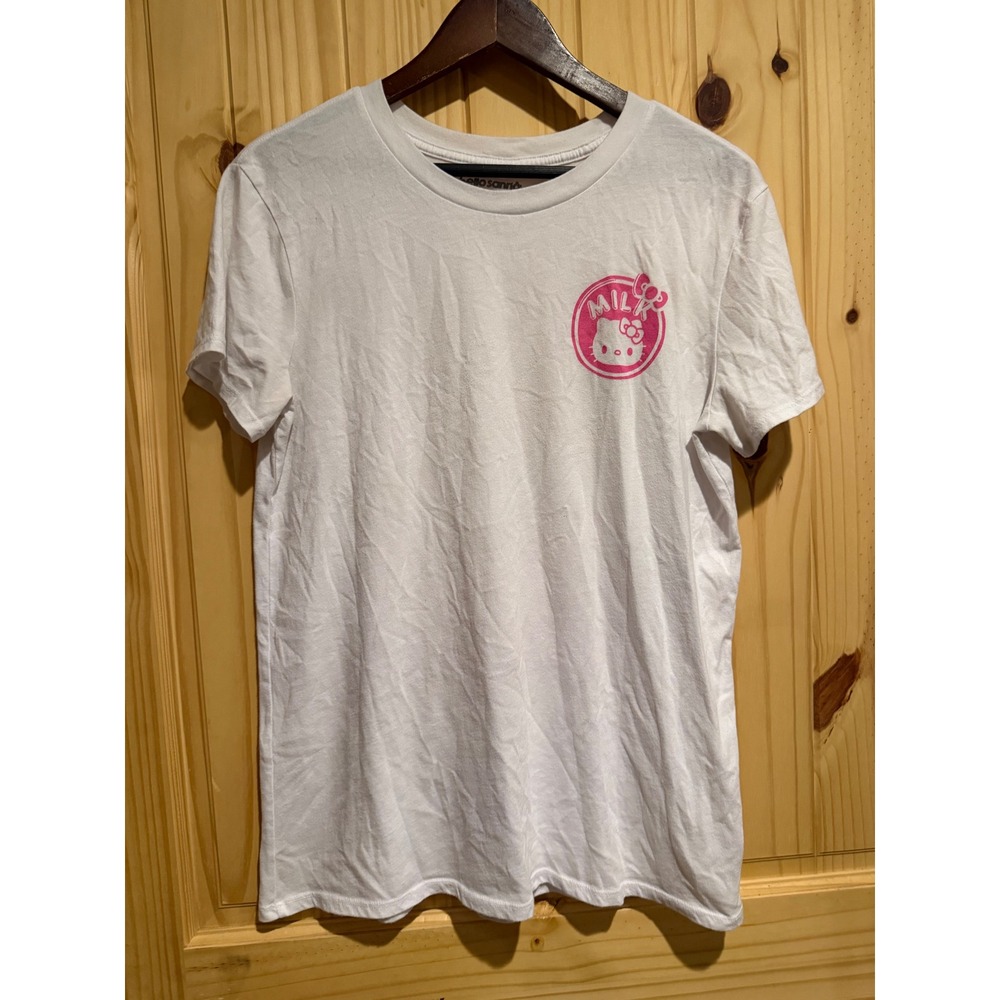 Sanrio Hello Kitty Strawberry Milk Graphic T-Shirt White Kawaii Anime Womens M